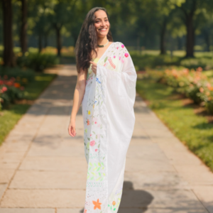 White Phulkari Saree