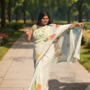 White Multifloral Drip Saree